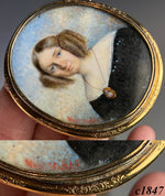 RARE Pair Artist Signed Mourat c.1846 2 Portrait Miniatures on Mother of Pearl, French Couple, Brooch Mounts