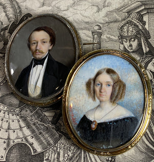 RARE Pair Artist Signed Mourat c.1846 2 Portrait Miniatures on Mother of Pearl, French Couple, Brooch Mounts