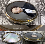 RARE Pair Artist Signed Mourat c.1846 2 Portrait Miniatures on Mother of Pearl, French Couple, Brooch Mounts