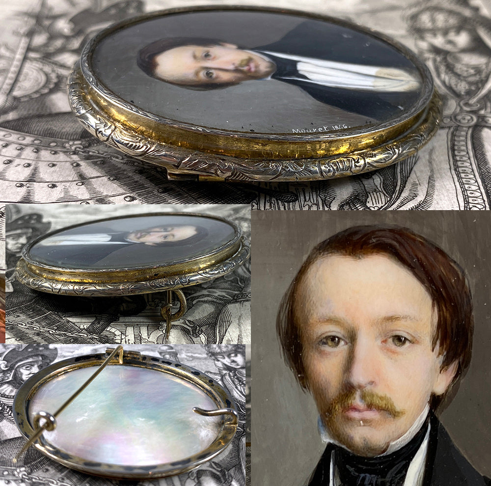 RARE Pair Artist Signed Mourat c.1846 2 Portrait Miniatures on Mother of Pearl, French Couple, Brooch Mounts