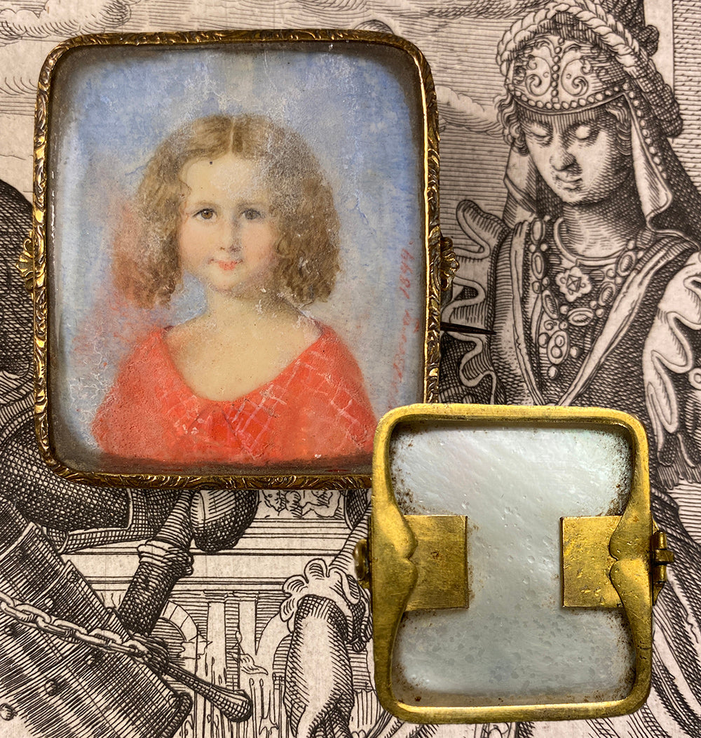 Antique English Portrait Miniature of a Child, c.1844, Signed Bracelet Clasp Made Into a Brooch, Mother of Pearl