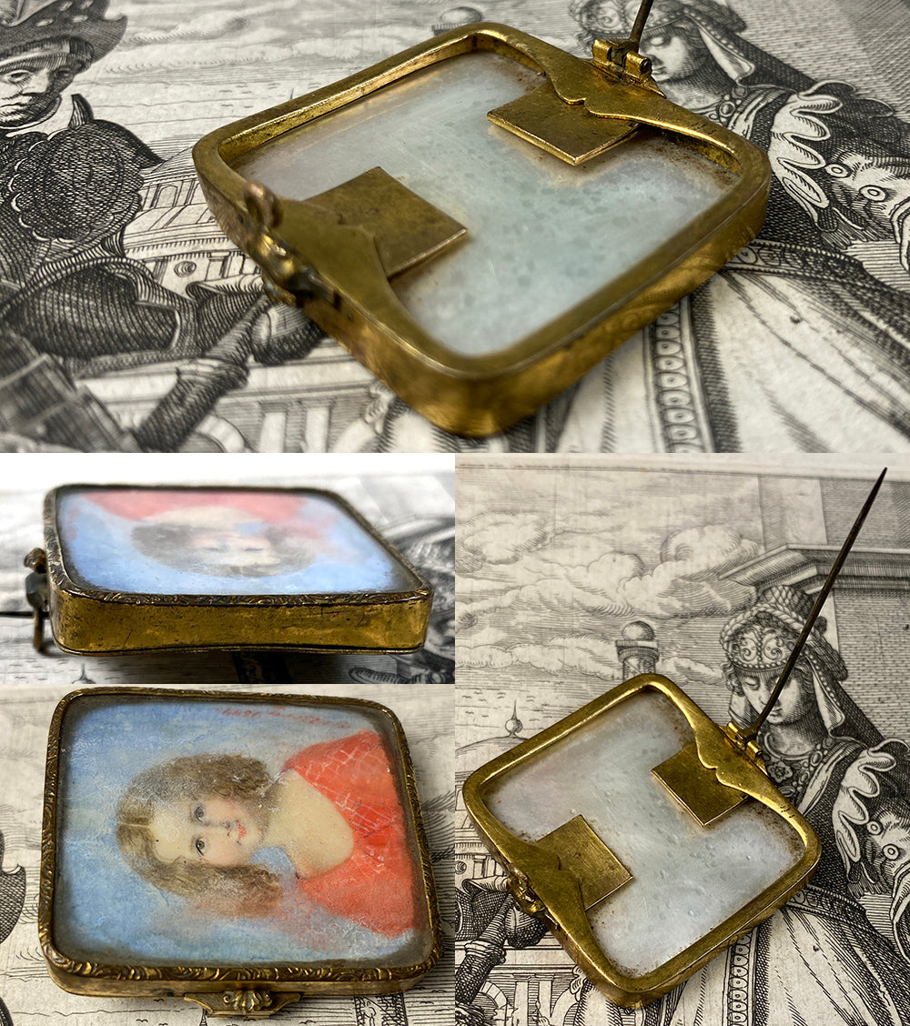 Antique English Portrait Miniature of a Child, c.1844, Signed Bracelet Clasp Made Into a Brooch, Mother of Pearl