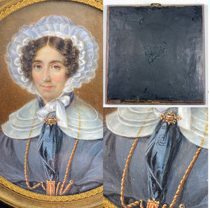 Fine Antique French Portrait Miniature, c.1800-20s Woman, Huge Lace Bonnet, Jewelry