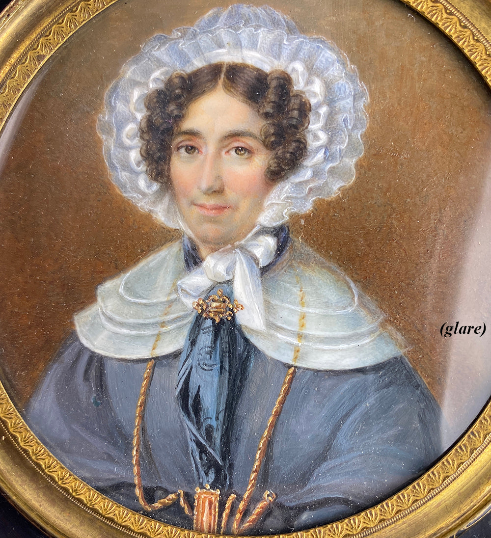 Fine Antique French Portrait Miniature, c.1800-20s Woman, Huge Lace Bonnet, Jewelry