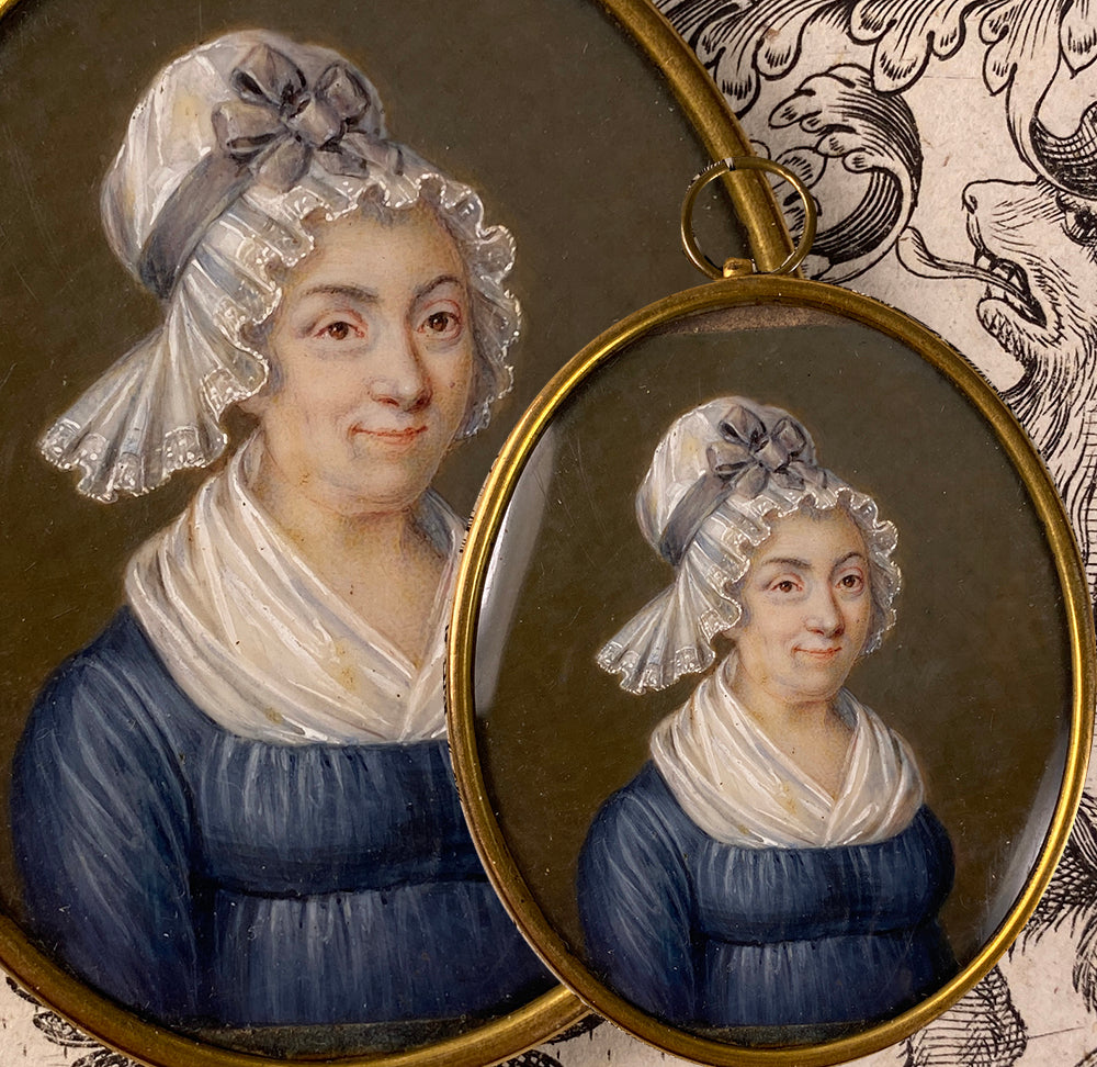 Antique French Portrait Miniature of a Smiling Matron, Lace Bonnet & Fichu, c.1700s