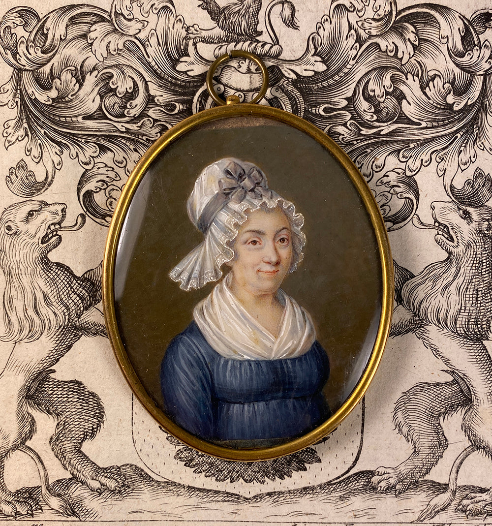 Antique French Portrait Miniature of a Smiling Matron, Lace Bonnet & Fichu, c.1700s