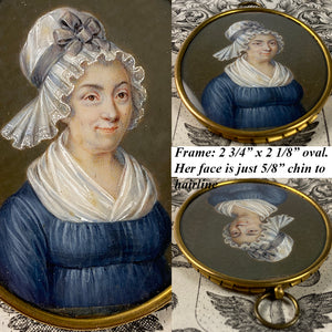 Antique French Portrait Miniature of a Smiling Matron, Lace Bonnet & Fichu, c.1700s