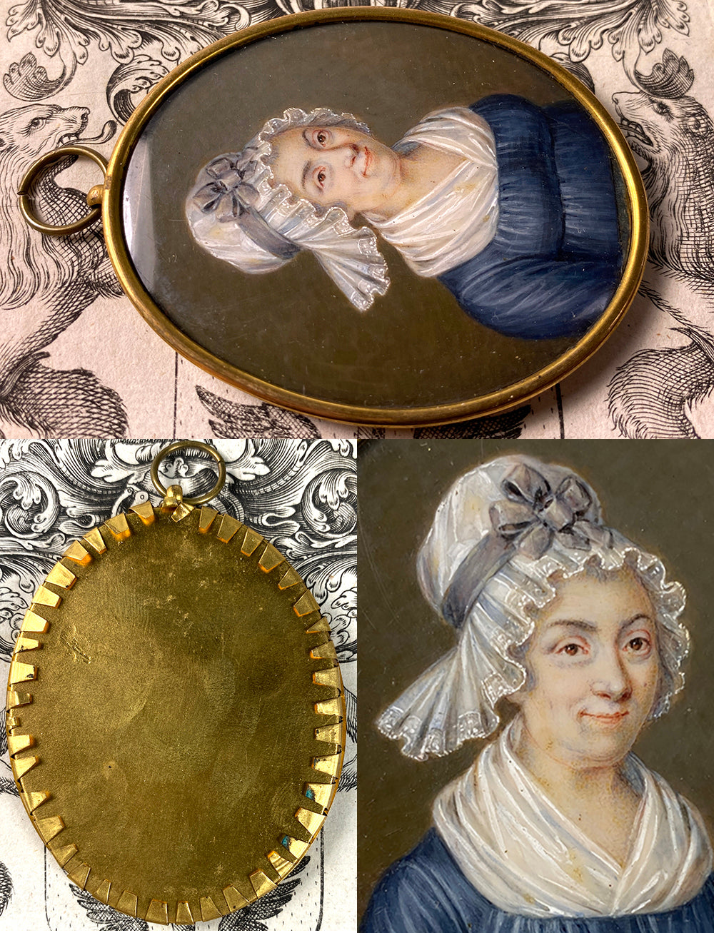 Antique French Portrait Miniature of a Smiling Matron, Lace Bonnet & Fichu, c.1700s