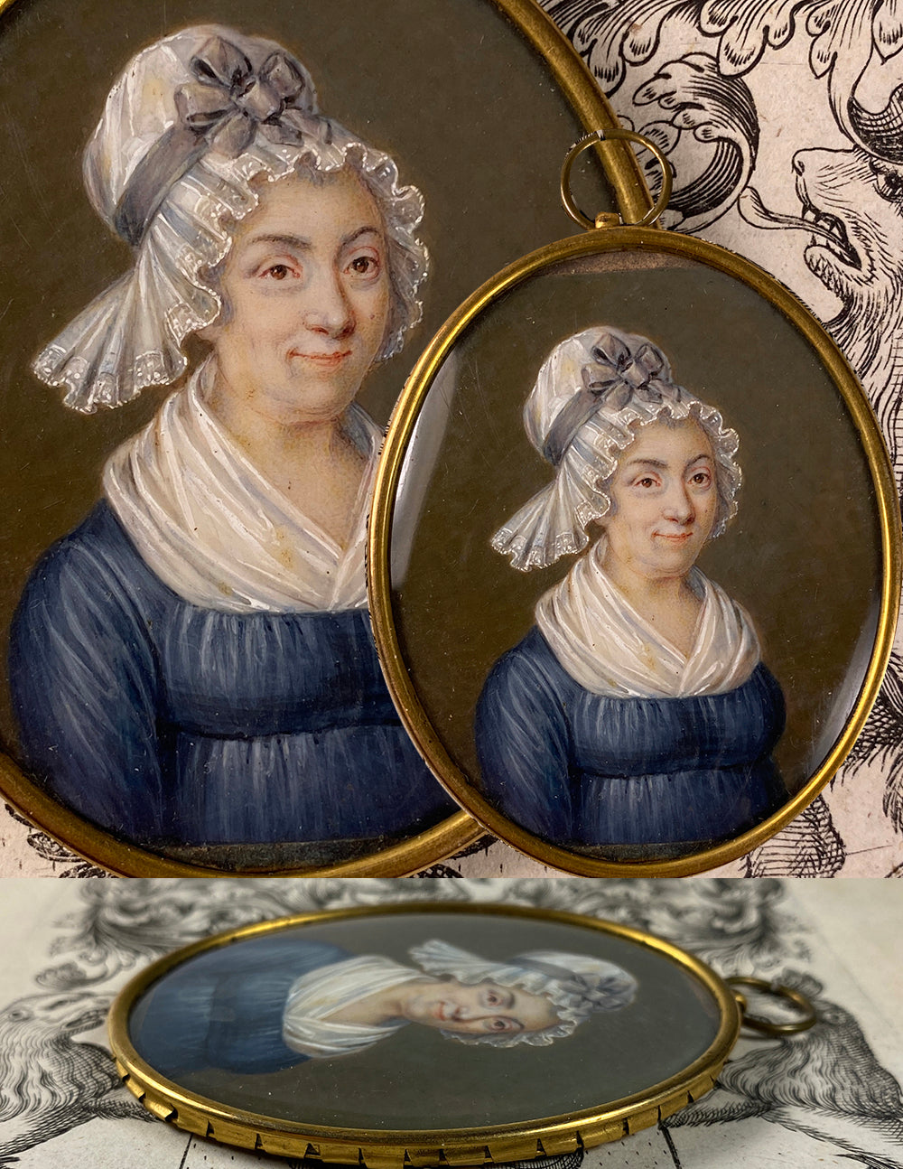 Antique French Portrait Miniature of a Smiling Matron, Lace Bonnet & Fichu, c.1700s