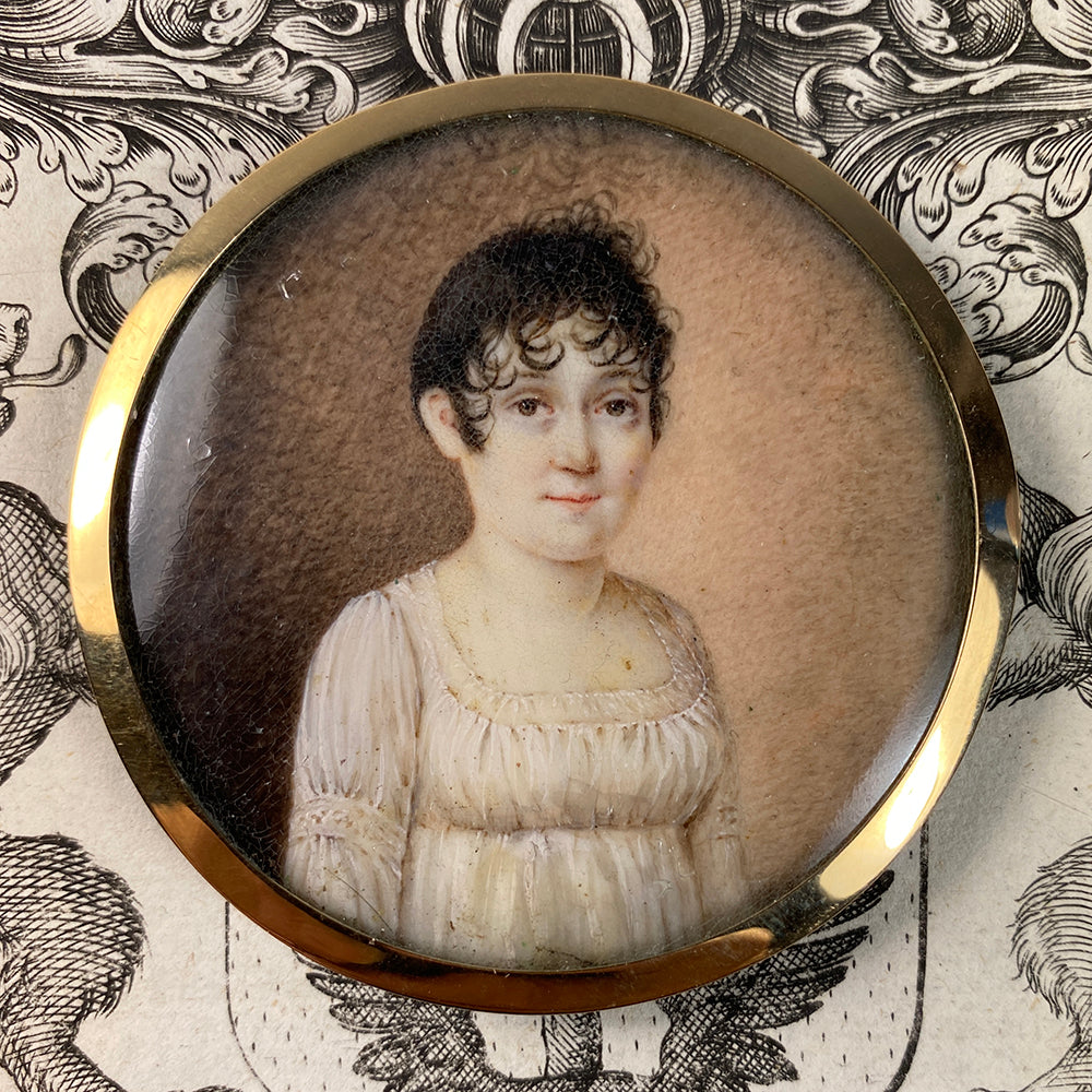 Antique French Post-Revolutionary Portrait Miniature, Girl with Titus Haircut, Guillotine, The Terror