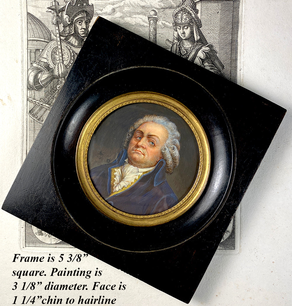 Antique French Portrait Miniature, Revolutionary Soldier, Dignitary, Powdered Wig