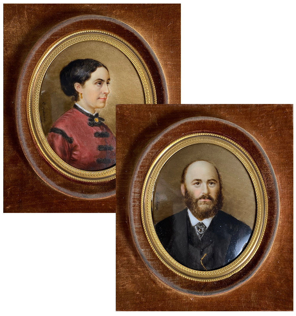 Antique Pair, Napoleon III Era French Portrait Miniature Couple, Oil Painting on Porcelain Plaque