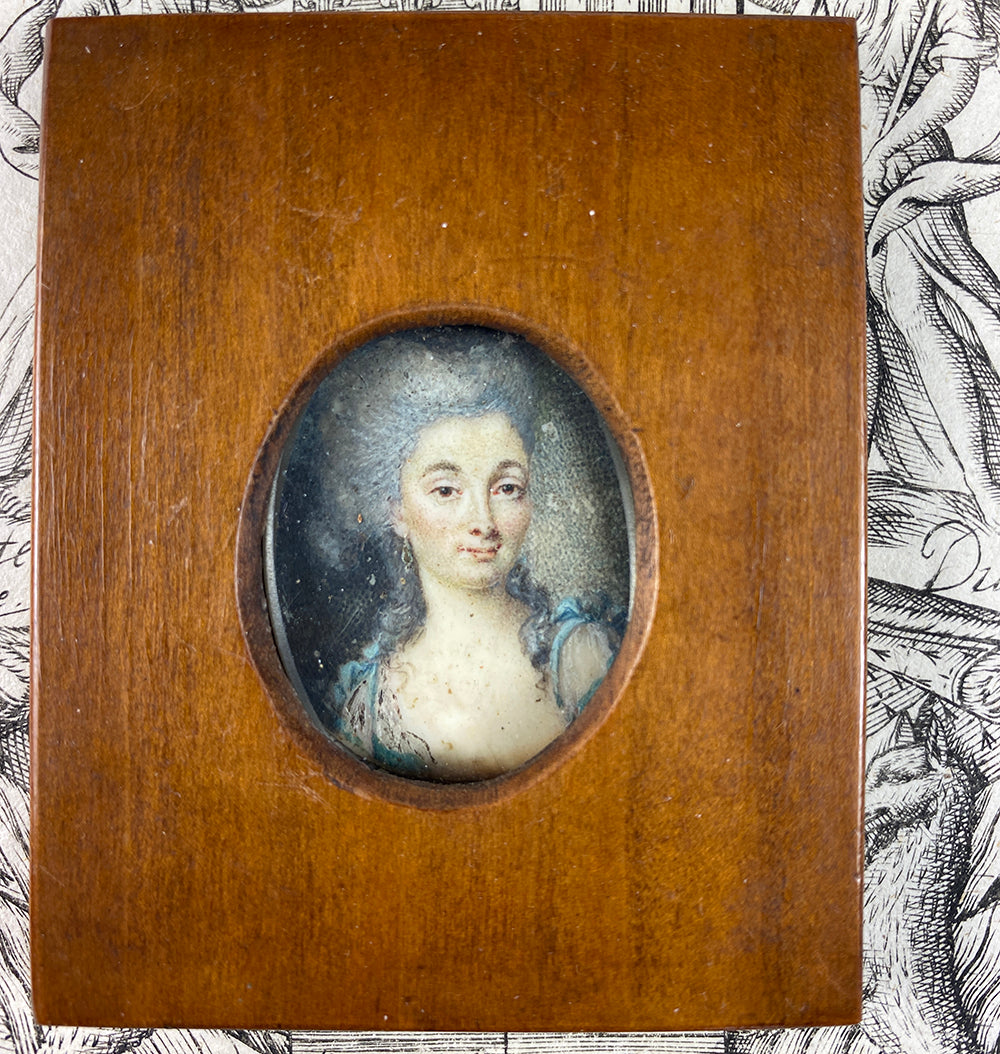 Exceptionally Tiny Gem Portrait Miniature, Beautiful 18th c. French Woman c.1750-70s