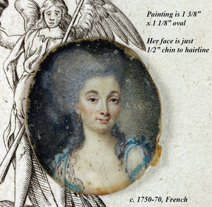 Exceptionally Tiny Gem Portrait Miniature, Beautiful 18th c. French Woman c.1750-70s