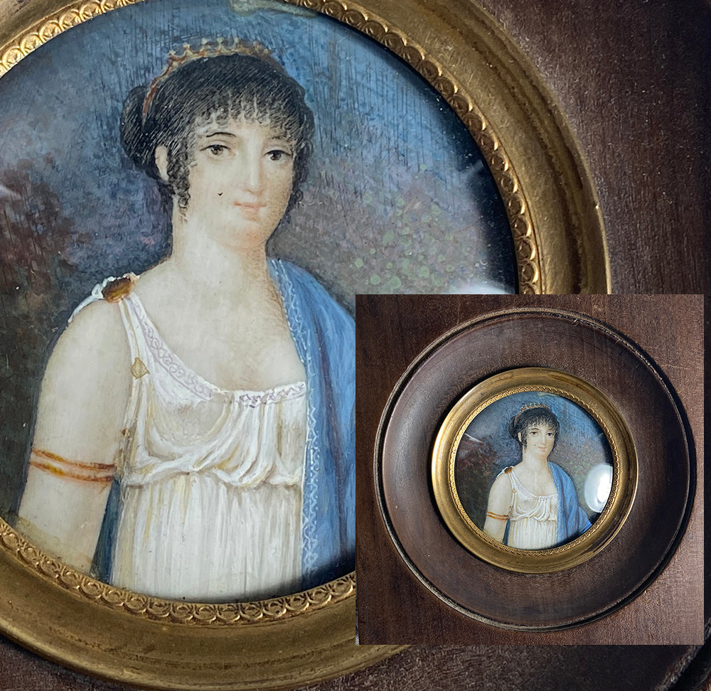 Antique French Napoleon Empire Era Portrait Miniature, Woman in Tiara, c.1810