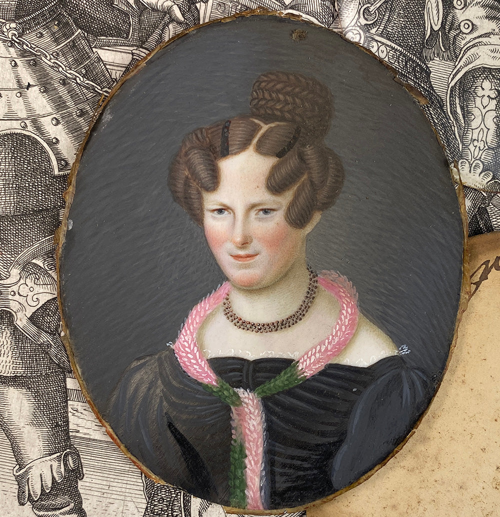Antique c.1840 French Portrait Miniature of a Hamburg Germany Woman, Knitted Stole, Garnet Jewelry