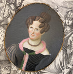 Antique c.1840 French Portrait Miniature of a Hamburg Germany Woman, Knitted Stole, Garnet Jewelry