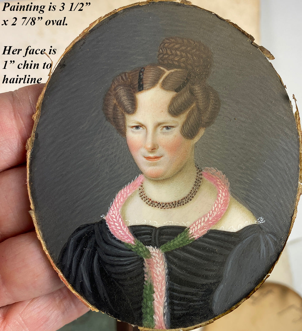 Antique c.1840 French Portrait Miniature of a Hamburg Germany Woman, Knitted Stole, Garnet Jewelry