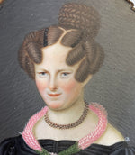 Antique c.1840 French Portrait Miniature of a Hamburg Germany Woman, Knitted Stole, Garnet Jewelry