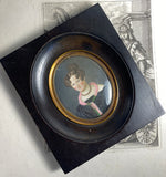 Antique c.1840 French Portrait Miniature of a Hamburg Germany Woman, Knitted Stole, Garnet Jewelry