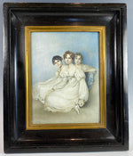 Huge Wafer, Antique English Portrait Miniature, 3 Girls in Silk Gowns, c.1800, Artist Signed