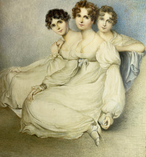 Huge Wafer, Antique English Portrait Miniature, 3 Girls in Silk Gowns, c.1800, Artist Signed