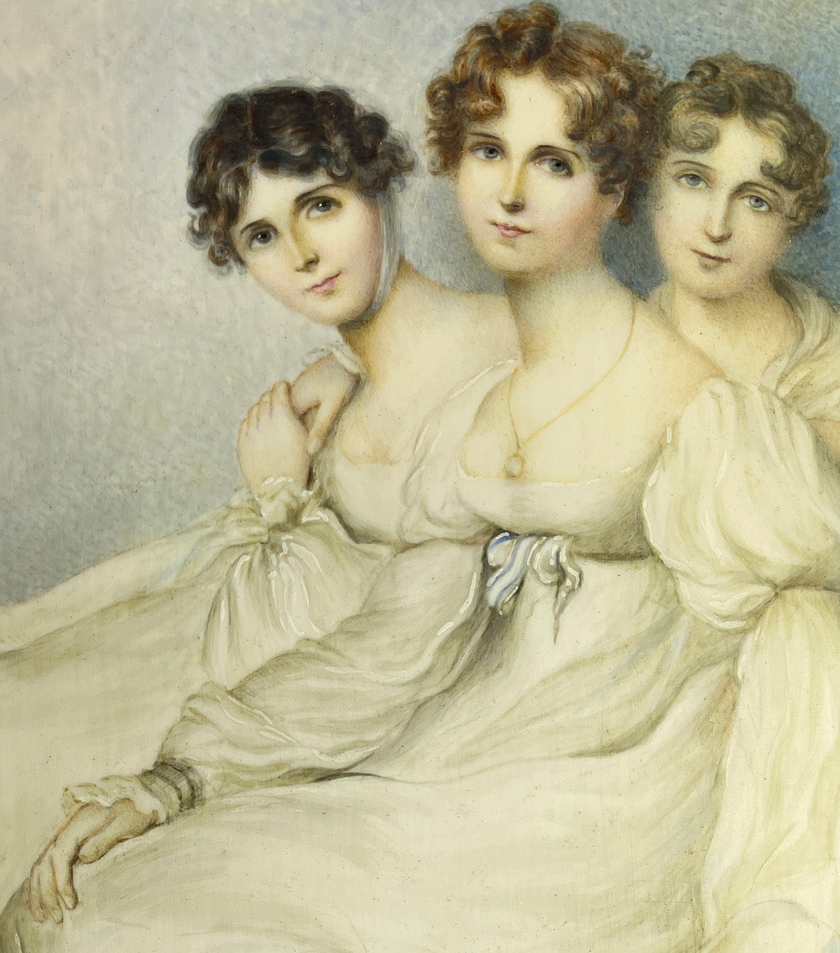 Huge Wafer, Antique English Portrait Miniature, 3 Girls in Silk Gowns, c.1800, Artist Signed