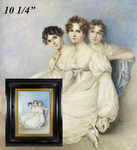 Huge Wafer, Antique English Portrait Miniature, 3 Girls in Silk Gowns, c.1800, Artist Signed