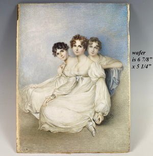 Huge Wafer, Antique English Portrait Miniature, 3 Girls in Silk Gowns, c.1800, Artist Signed