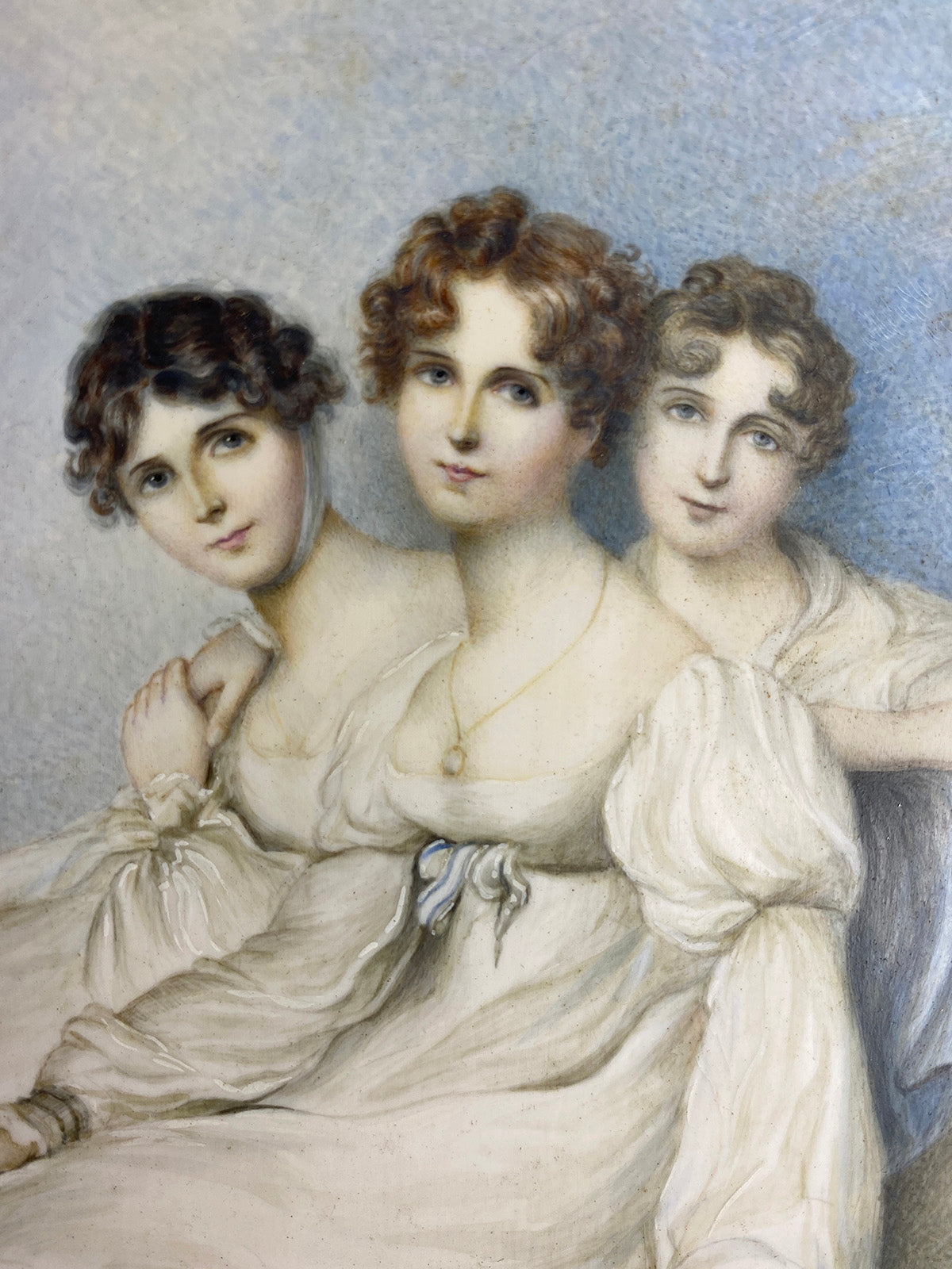 Huge Wafer, Antique English Portrait Miniature, 3 Girls in Silk Gowns, c.1800, Artist Signed