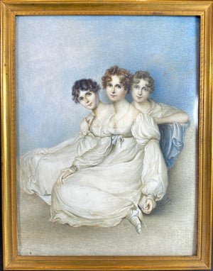 Huge Wafer, Antique English Portrait Miniature, 3 Girls in Silk Gowns, c.1800, Artist Signed