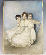 Huge Wafer, Antique English Portrait Miniature, 3 Girls in Silk Gowns, c.1800, Artist Signed