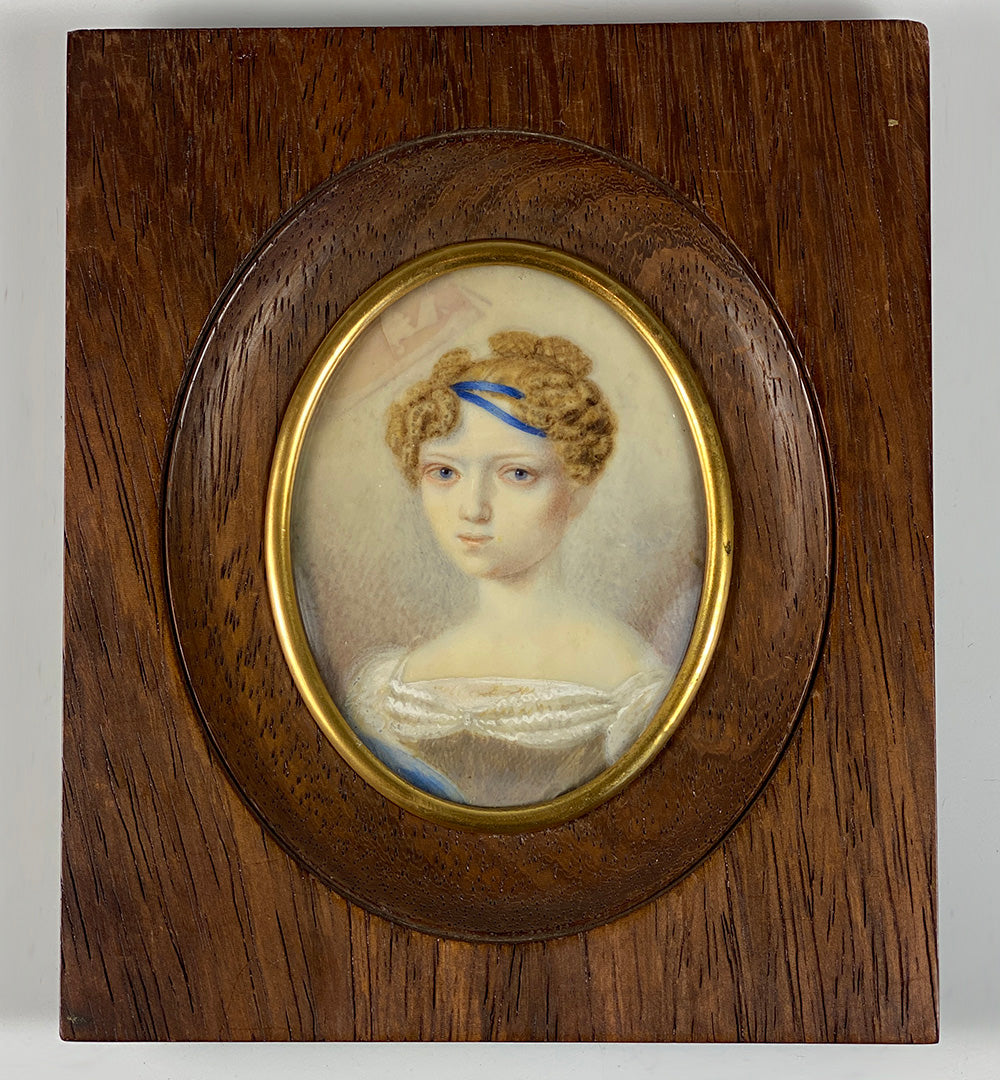 Antique c.1823 French Portrait Miniature, Beautiful Blond Girl with Huge Blue Eyes, Signed