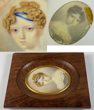 Antique c.1823 French Portrait Miniature, Beautiful Blond Girl with Huge Blue Eyes, Signed
