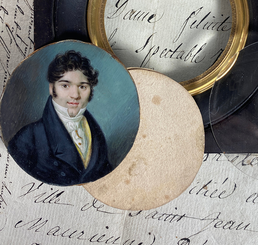 Antique c.1825-30s French Portrait Miniature, Young Man in Yellow Vest, Louis-Philippe Era