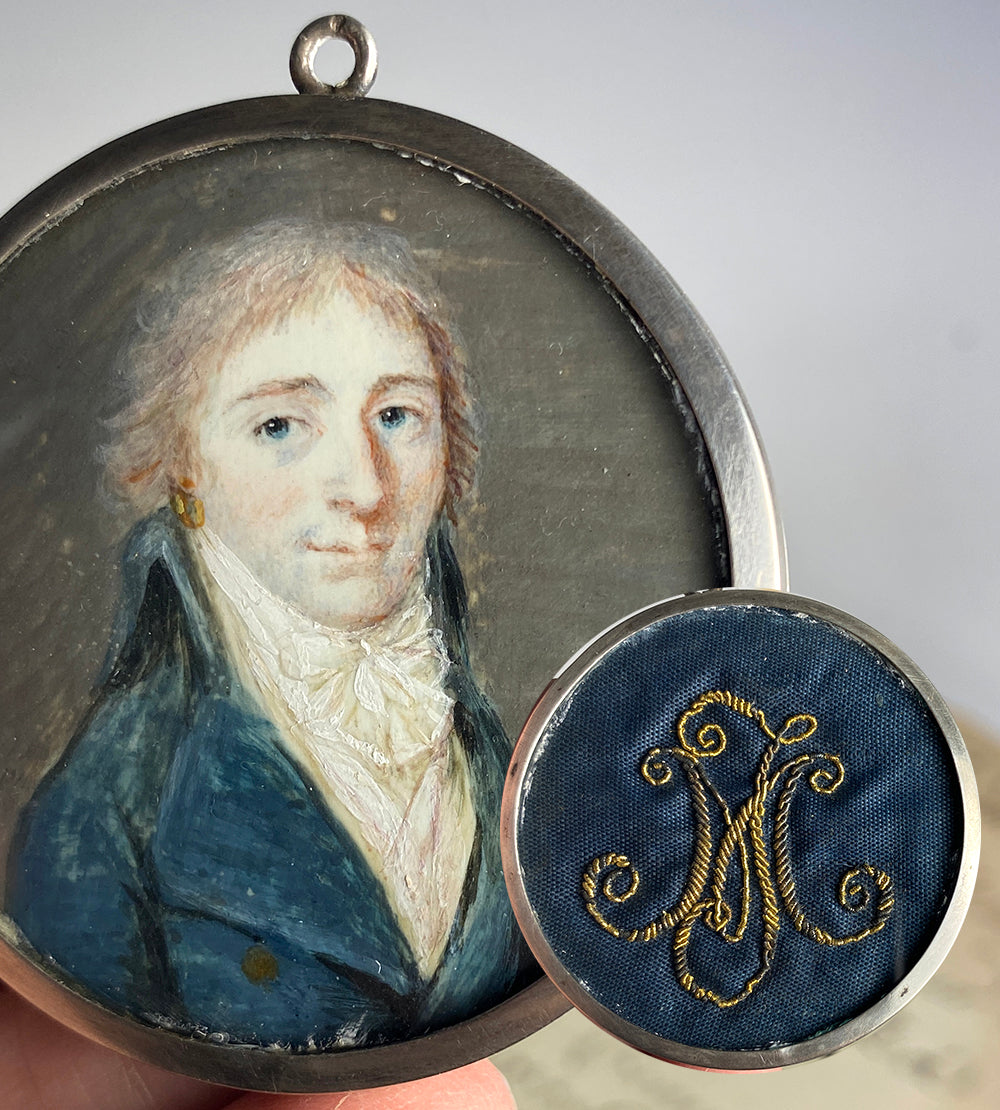 Antique c.1700s French Portrait Miniature in Sterling Silver Locket Frame, Gold Thread Embroidery