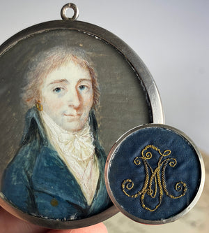 Antique c.1700s French Portrait Miniature in Sterling Silver Locket Frame, Gold Thread Embroidery