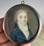 Antique c.1700s French Portrait Miniature in Sterling Silver Locket Frame, Gold Thread Embroidery