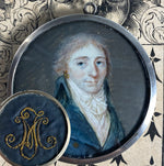 Antique c.1700s French Portrait Miniature in Sterling Silver Locket Frame, Gold Thread Embroidery