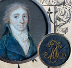 Antique c.1700s French Portrait Miniature in Sterling Silver Locket Frame, Gold Thread Embroidery