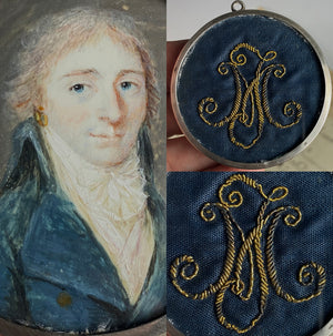 Antique c.1700s French Portrait Miniature in Sterling Silver Locket Frame, Gold Thread Embroidery