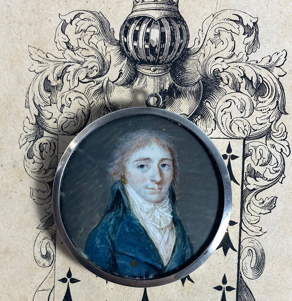 Antique c.1700s French Portrait Miniature in Sterling Silver Locket Frame, Gold Thread Embroidery