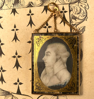 Rare c.1795 Double Portrait Miniature in 18k Gold Locket Frame, Father and Son, Incroyables