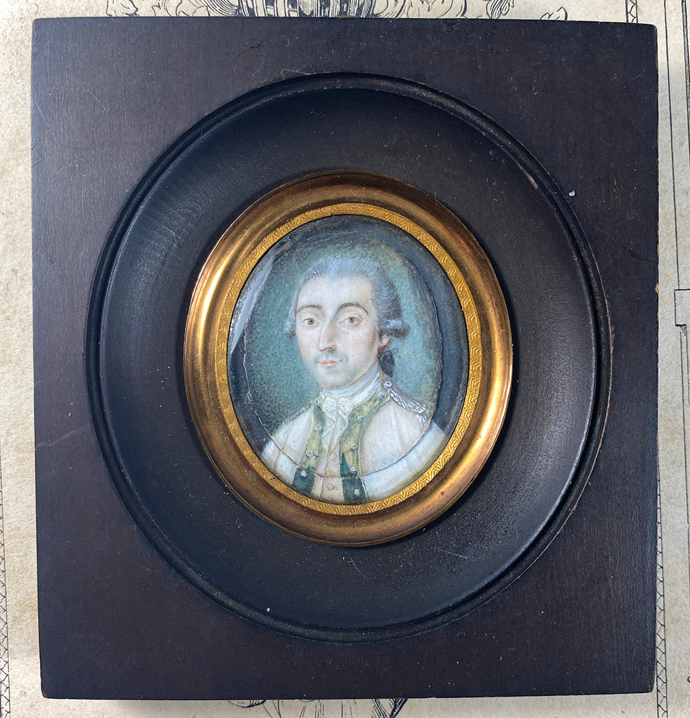 Unique c1740s French Portrait Miniature, Double-painted, Gentleman with Powdered Hair