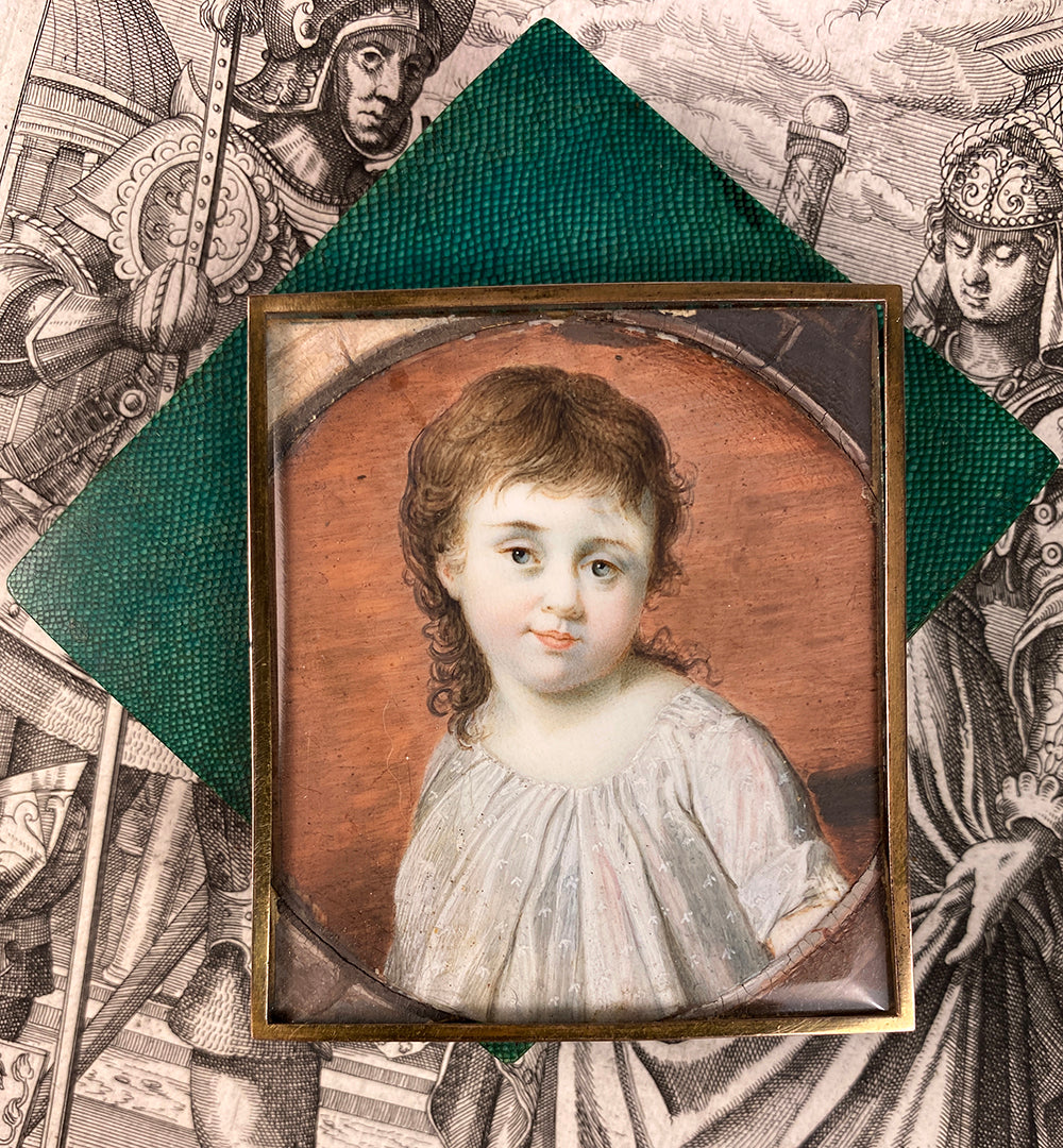 RARE c.1700s Antique French Portrait Miniature of a Child, Shagreen Galuchat Case, Etui