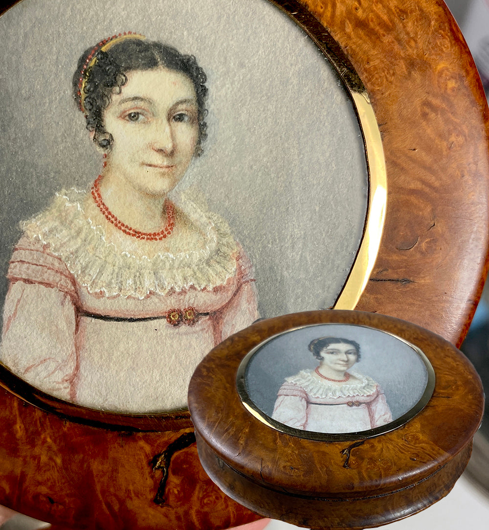 Antique French Empire c.1800-1810 Portrait Miniature Snuff Box, Red Coral Tiara, Jewelry