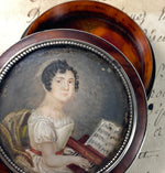 RARE Antique French Portrait Miniature Snuff Box, Woman Piano, Tiara, Signed, Dated 1823