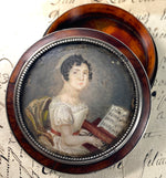 RARE Antique French Portrait Miniature Snuff Box, Woman Piano, Tiara, Signed, Dated 1823