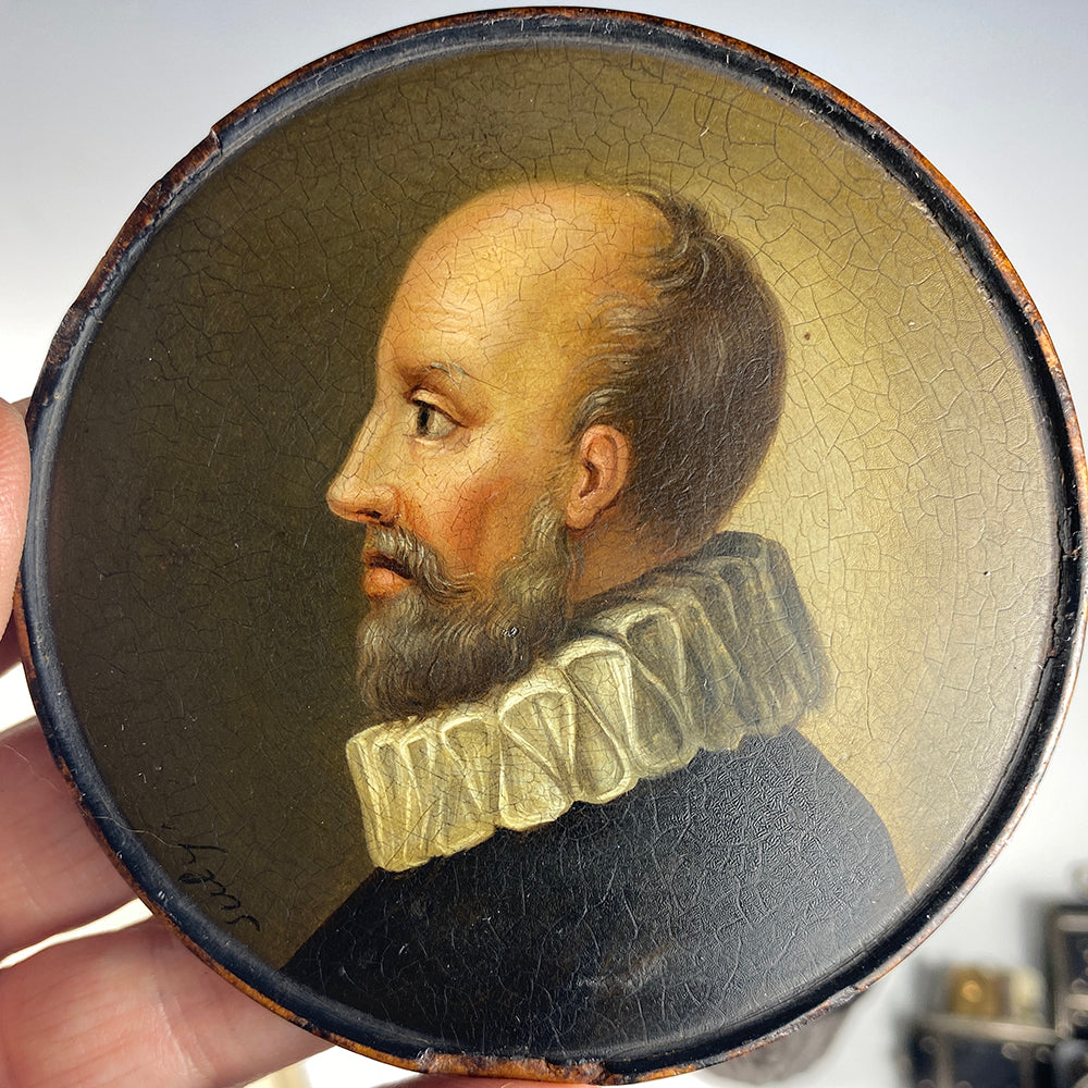 Antique Hand Painted French Snuff Box, Baron de Rosny, Minister of Henry IV, Portrait Miniature