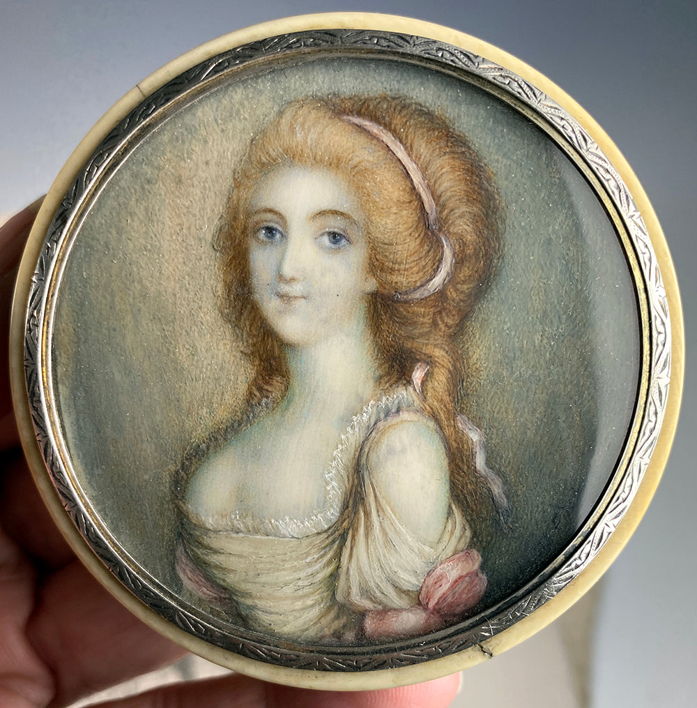 Antique c.1700s French Portrait Miniature Snuff Box, "Naughty" Beautiful Young Woman